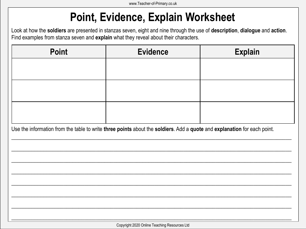 The Highwayman - Lesson 5 - Point Evidence Explain Worksheet