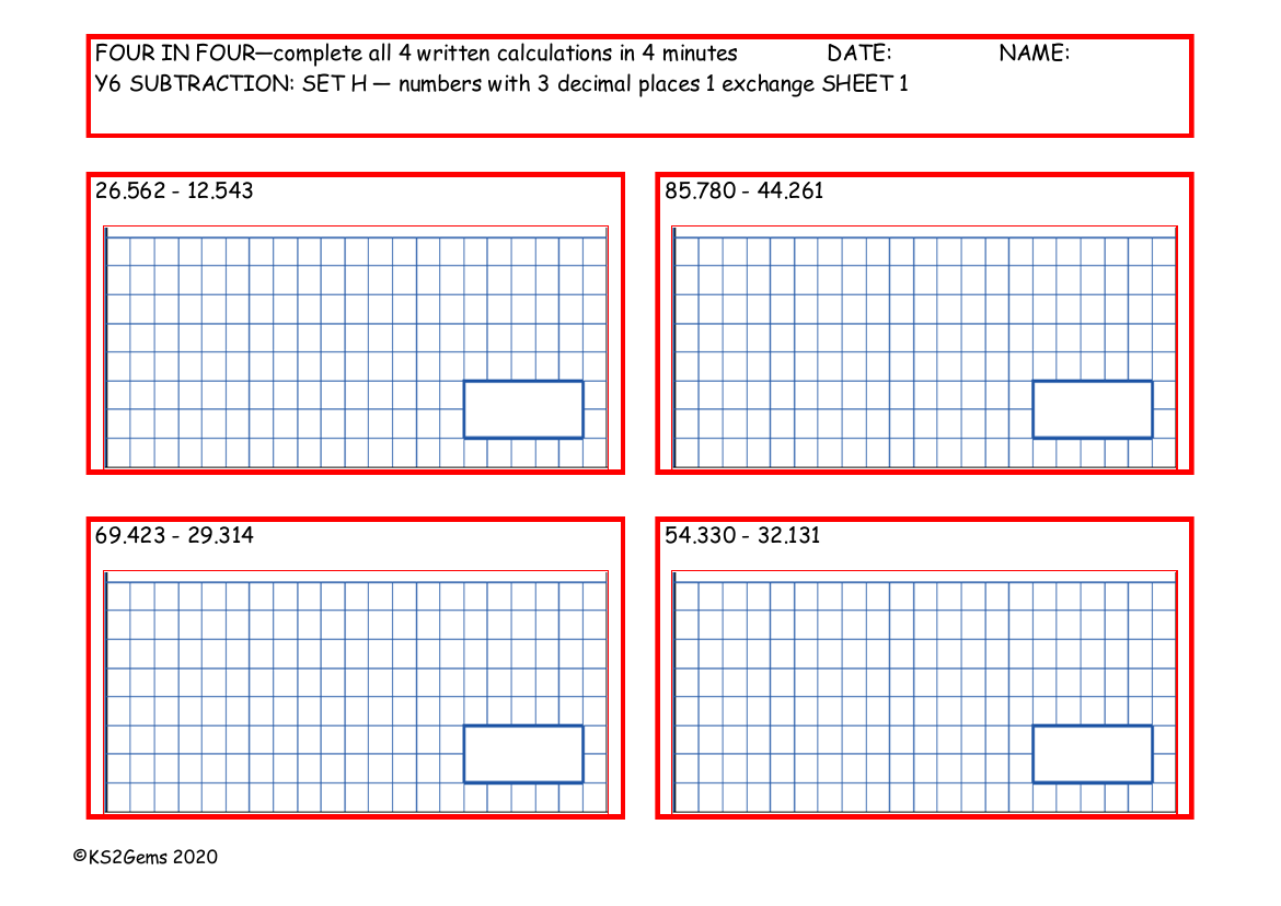 Four in Four - Subtraction Set H - numbers with 3 decimal places 1 exchange