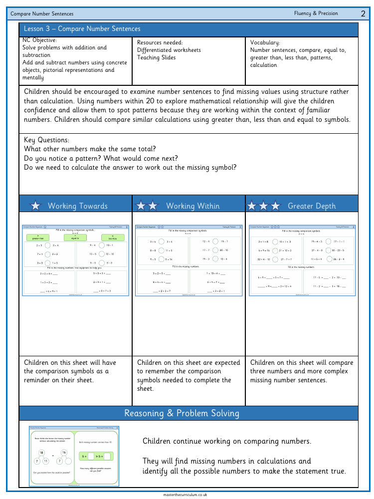 Addition and subtraction - Compare number sentences - Worksheet