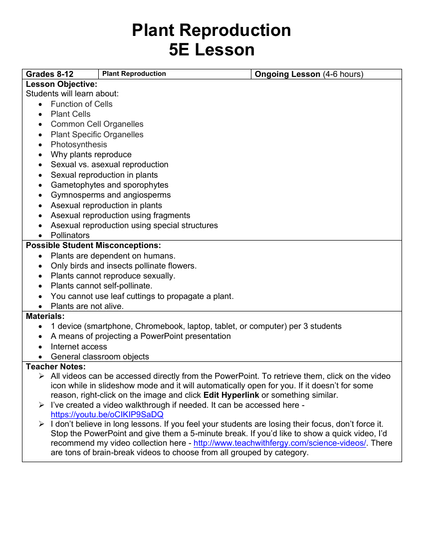 Plant Reproduction - Teaching Timeline