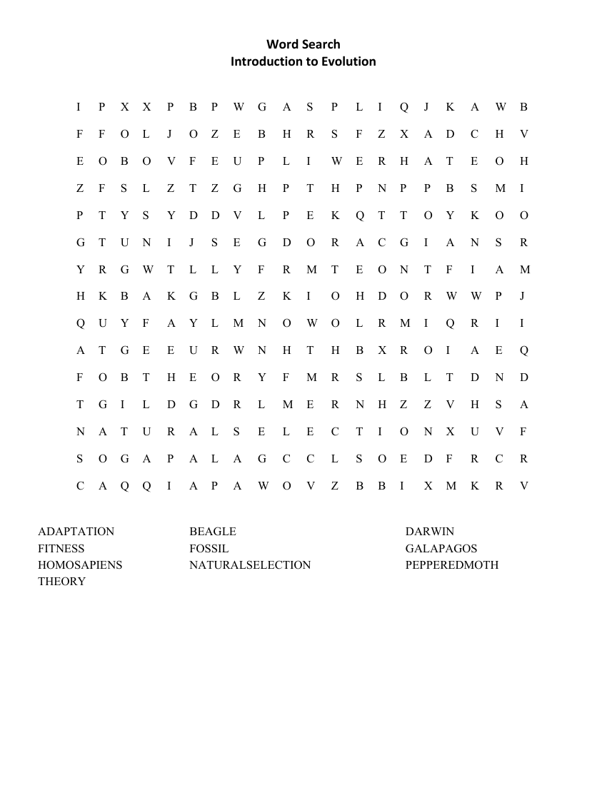 Introduction to Evolution - Word Search