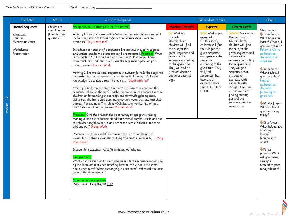 Decimals - Decimal Sequences - Planning