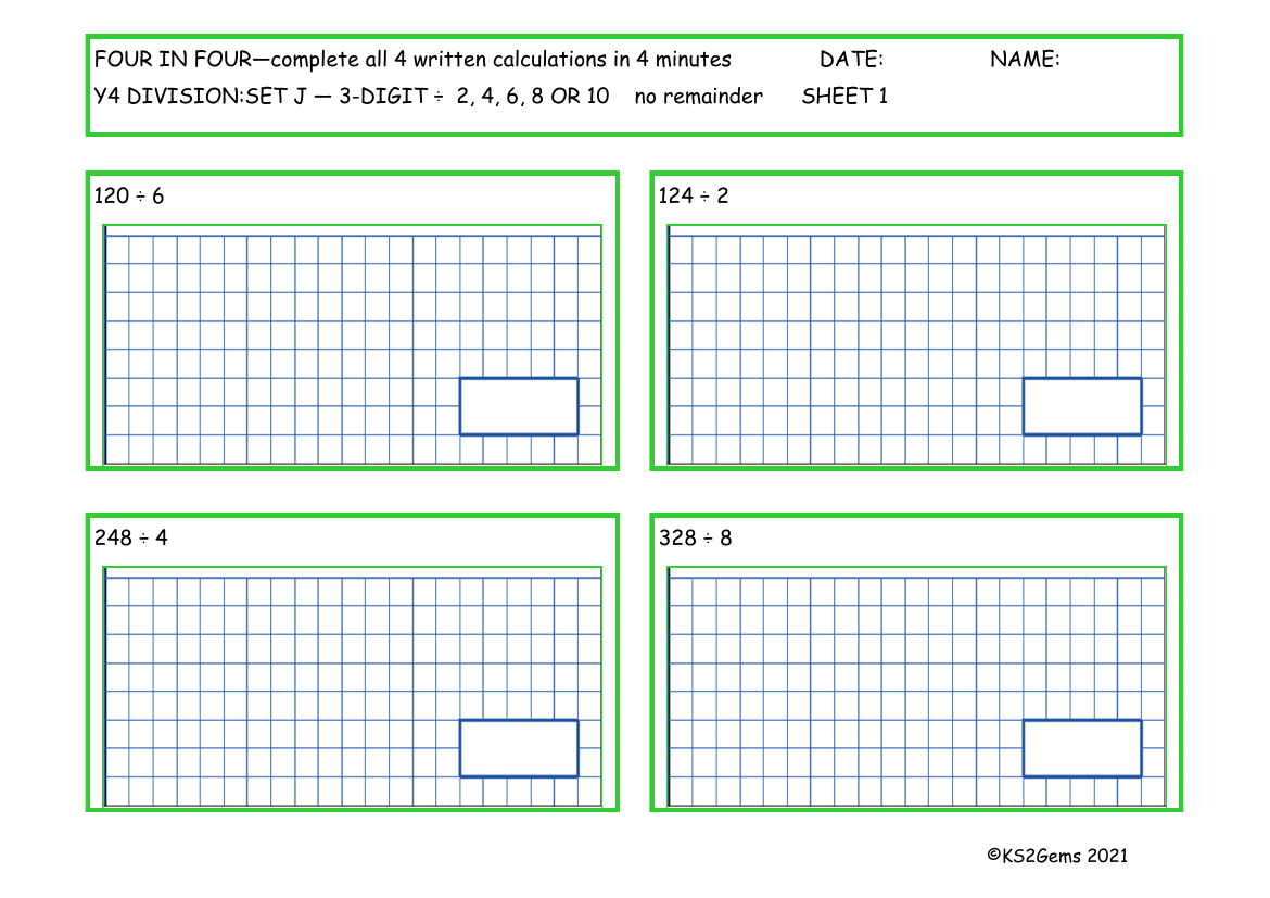 Four in Four -  Division Set J 3 digit number - 2, 4 6, 8 or 10 no remainder