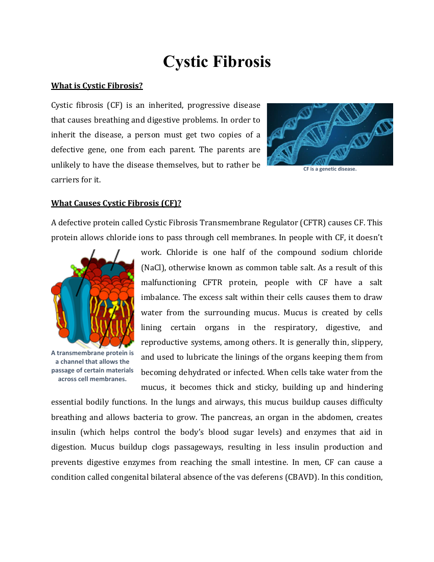 Cell Membrane and Transport - Cystic Fibrosis Reading with Comprehension Questions