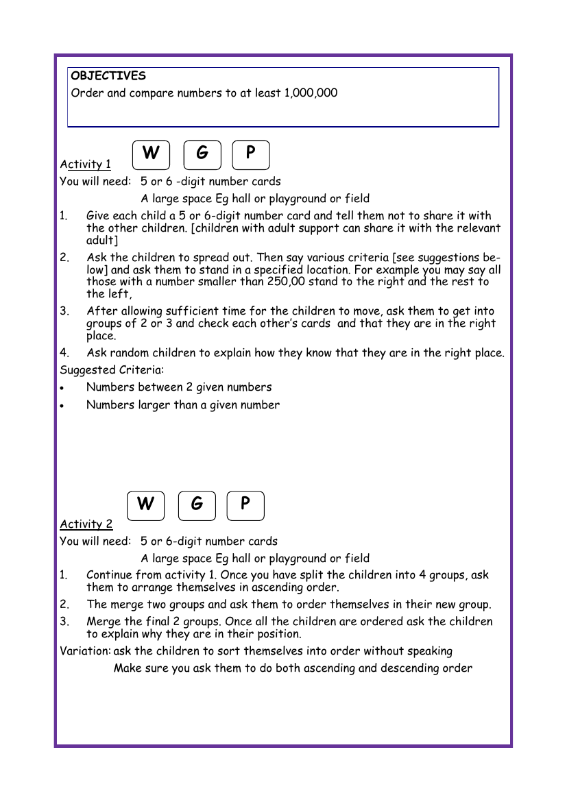 Order and compare numbers up to 1,000,000 worksheet