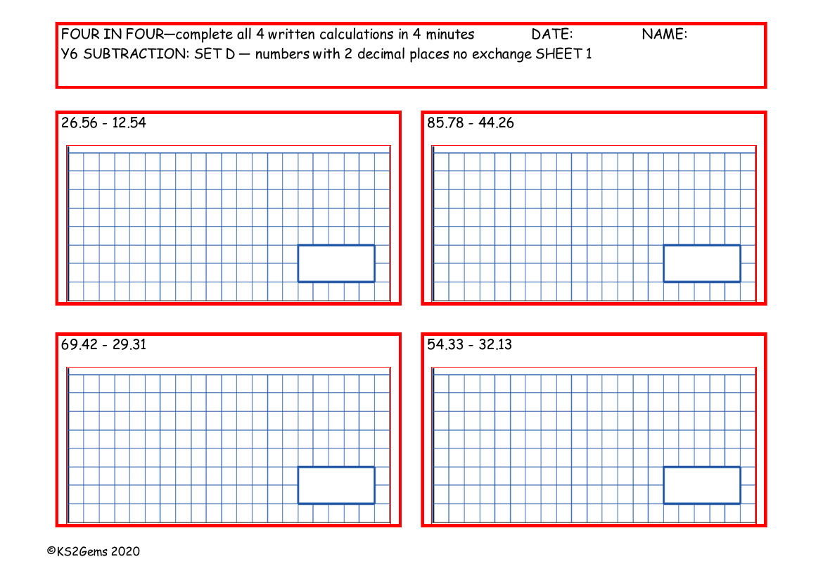 Four in Four - Subtraction Set D - numbers with 2 decimal places no exchange