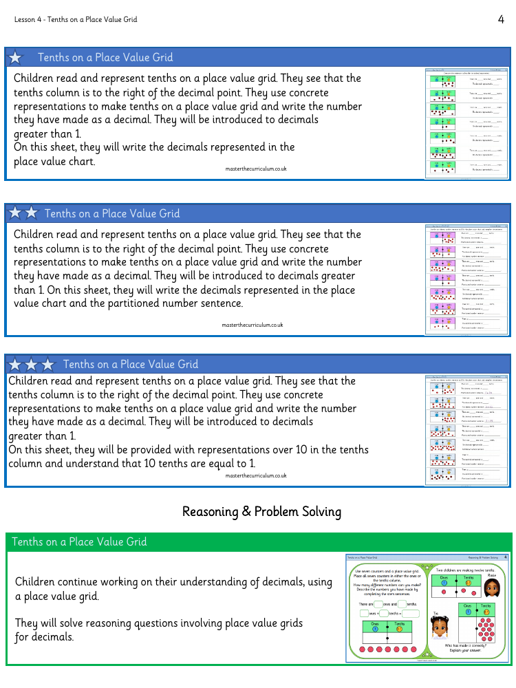 Decimals - Tenths on a Place Value Grid - Worksheet