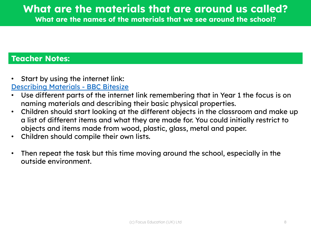 What are the names of materials that we see around the school? - Teacher notes