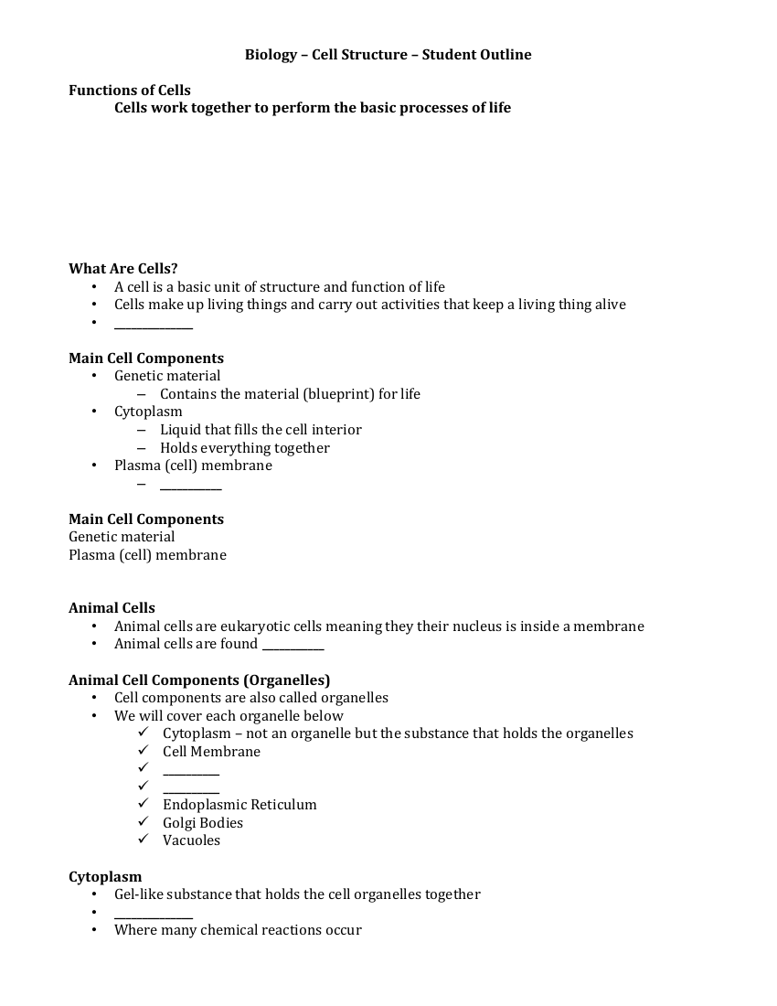 Cell Structure and Function - Student Lesson Outline