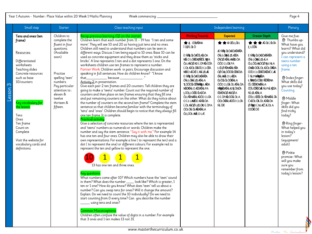 Place Value within 20 - Tens and ones ten frame - Planning