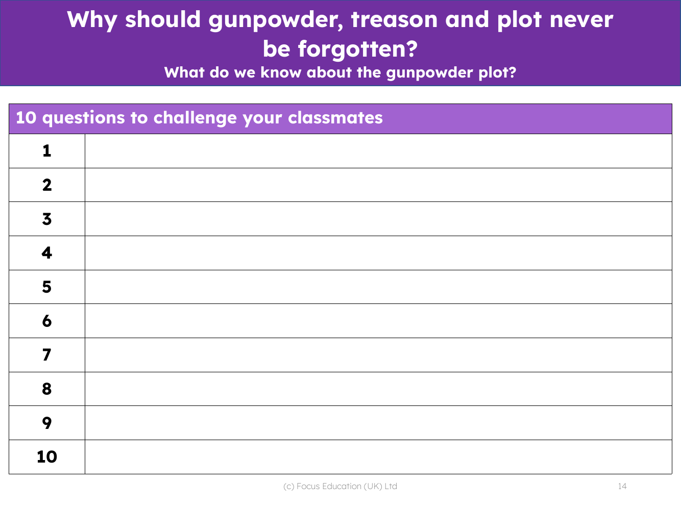 10 questions about the gunpowder plot - Worksheet