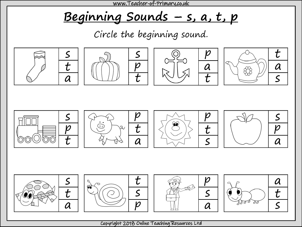 Beginning Sounds - s, a, t, p - Worksheet