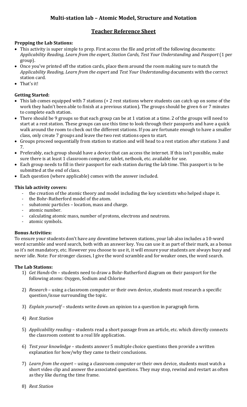 Atomic Model, Structure and Notation - Activity Instructions