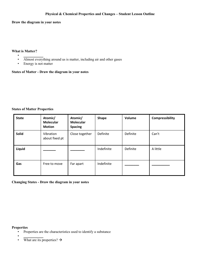 Physical and Chemical Properties and Changes - Student Lesson Outline