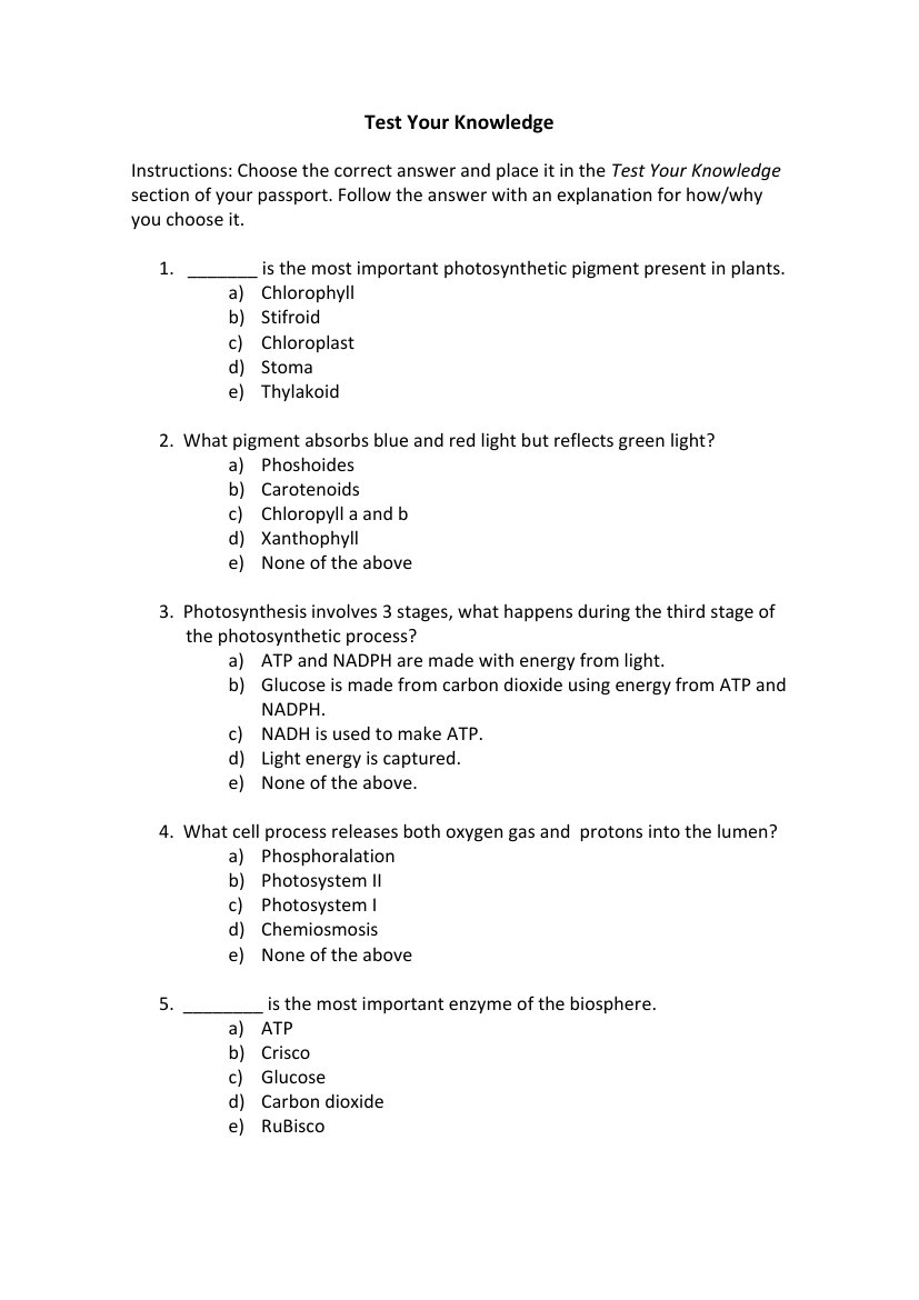 Photosynthesis - Test your Knowledge