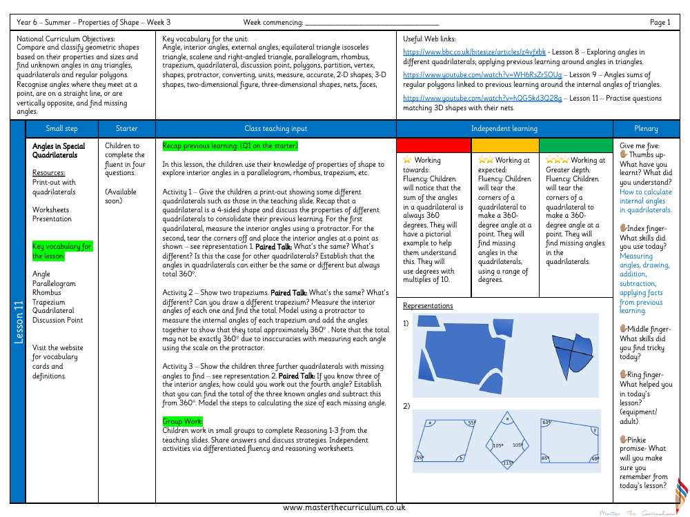 Properties of Shape - Angles in Special Quadrilaterals - Planning