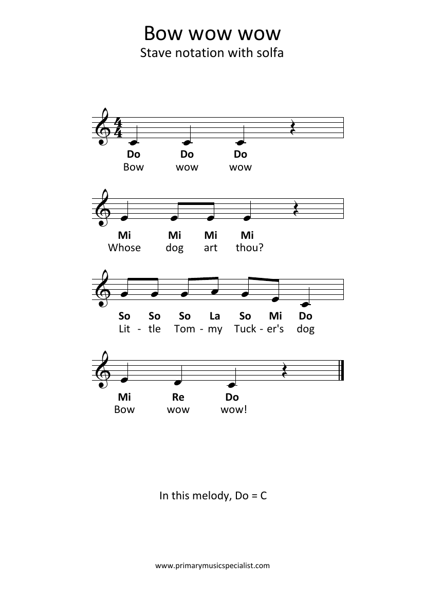 Instrumental Year 4 Stave Notation Sheets - Bow wow wow stave notation solfa