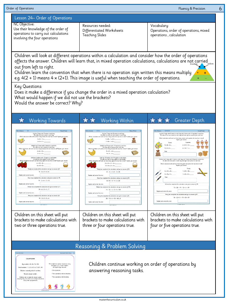 Addition, Subtraction, Multiplication and Division - Order of operations - Worksheet