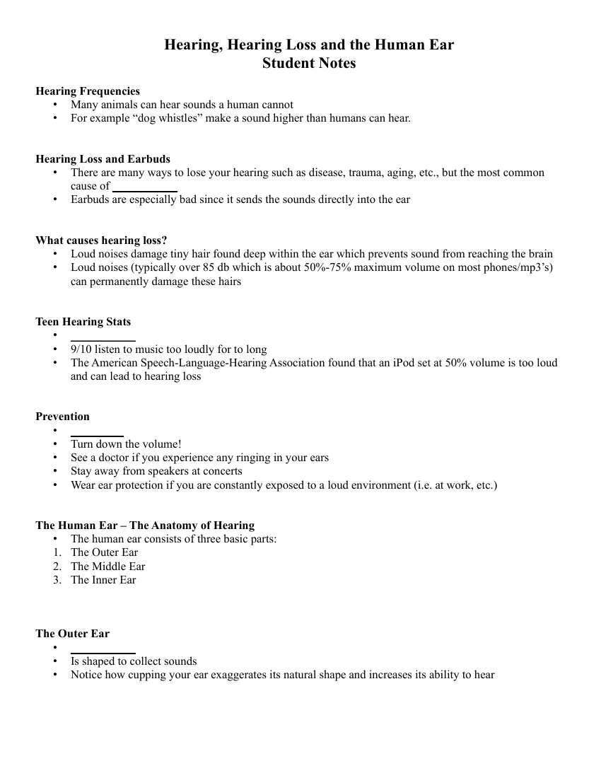 Hearing, Hearing Loss and the Human Ear - Student Lesson Outline