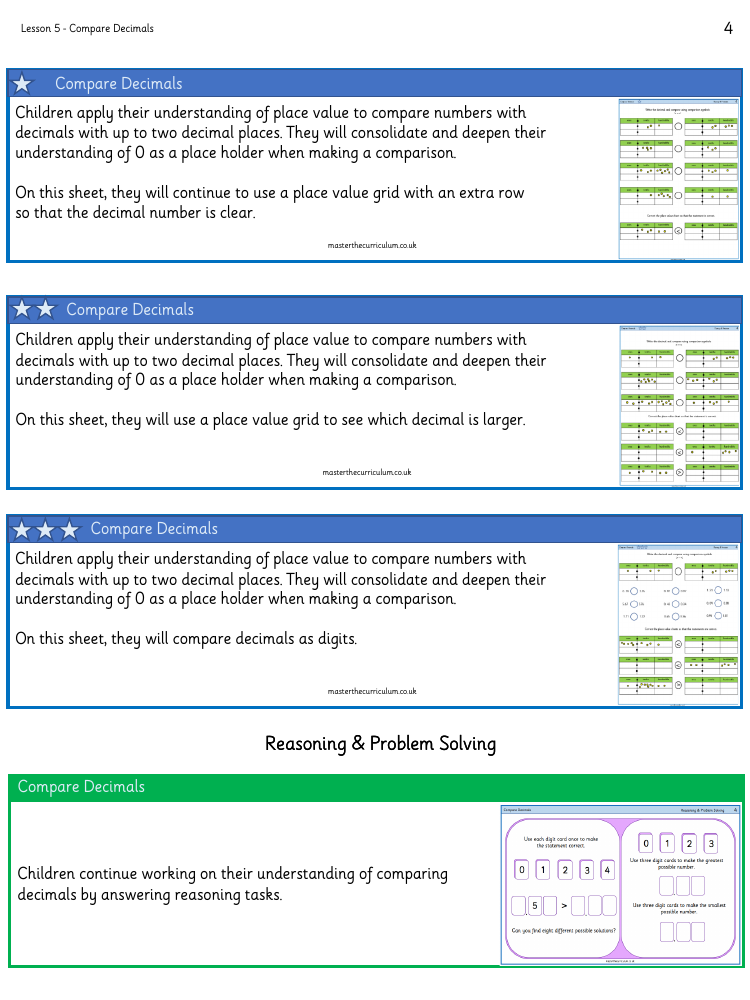 Decimals - Compare Decimals - Worksheet