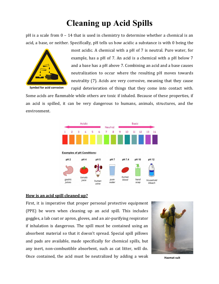 Acids, Bases, and pH - Cleaning Up Acid Spills Reading with Comprehension Questions