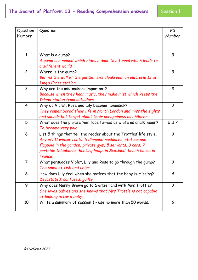 The Secret of Platform 13 - Session 1 - Reading Comprehension answers