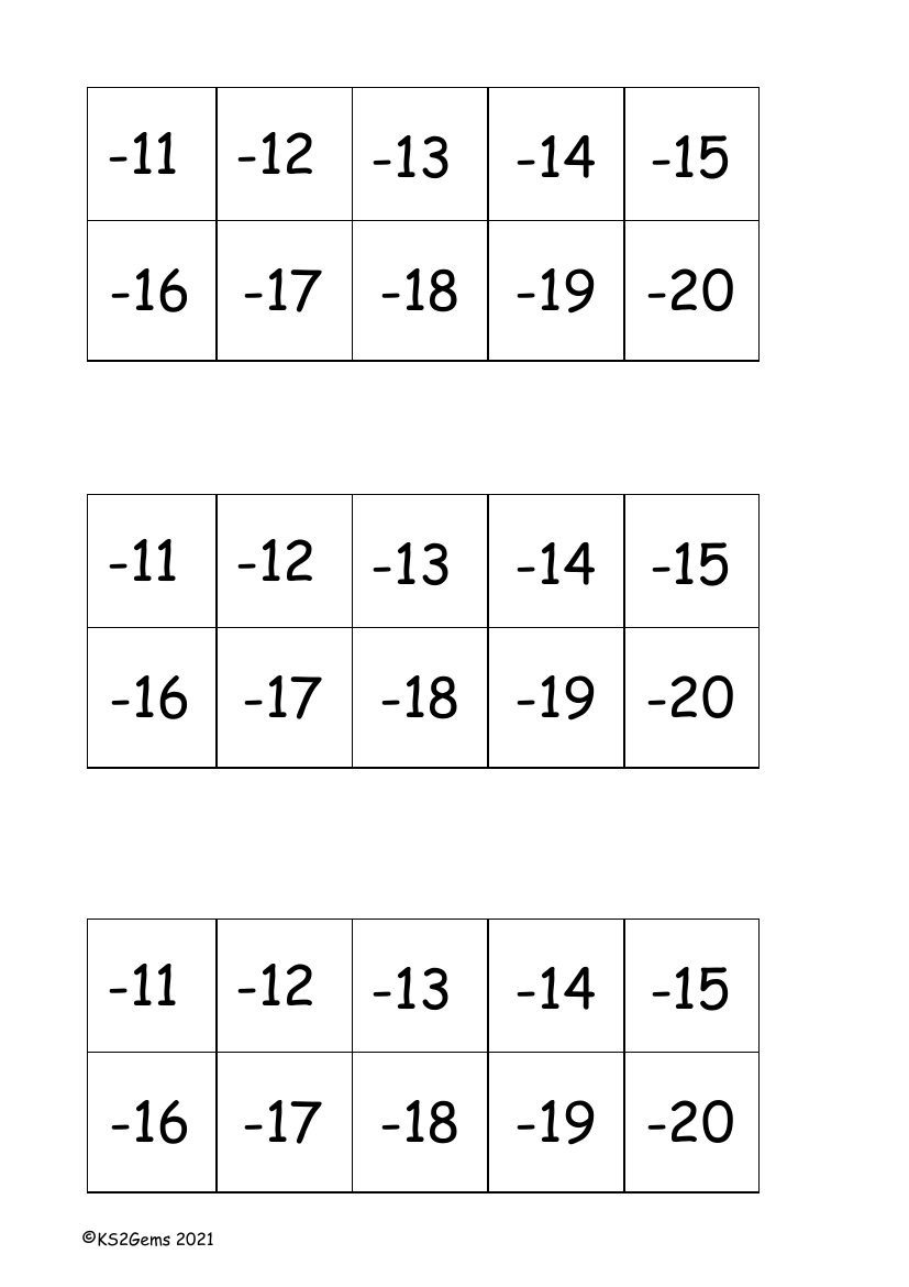 Negative number digit cards: -11 to -20