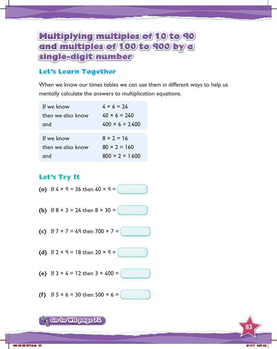 Max Maths, Year 5, Try it, Multiplying multiples of 10 to 90 and multiples of 100 to 900 by a single-digit number