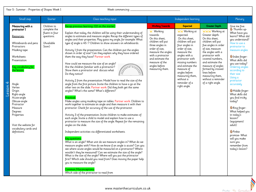 Properties of Shape - Measure with a Protractor (1) - Planning