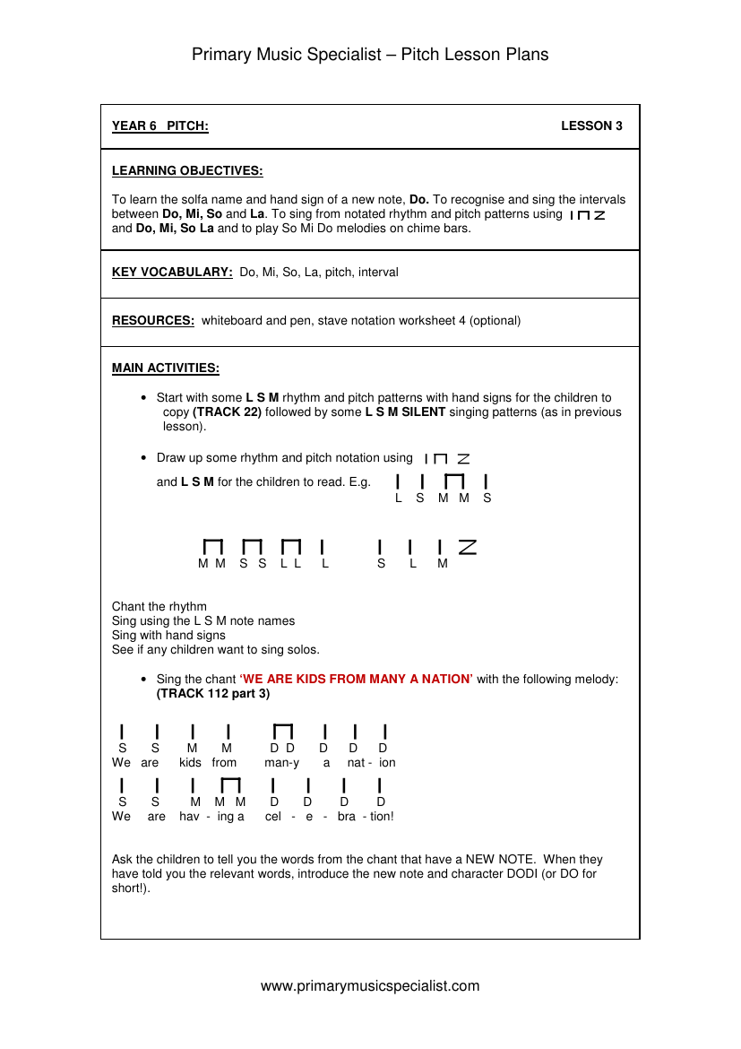 Pitch Lesson Plan - Year 6 Lesson 3