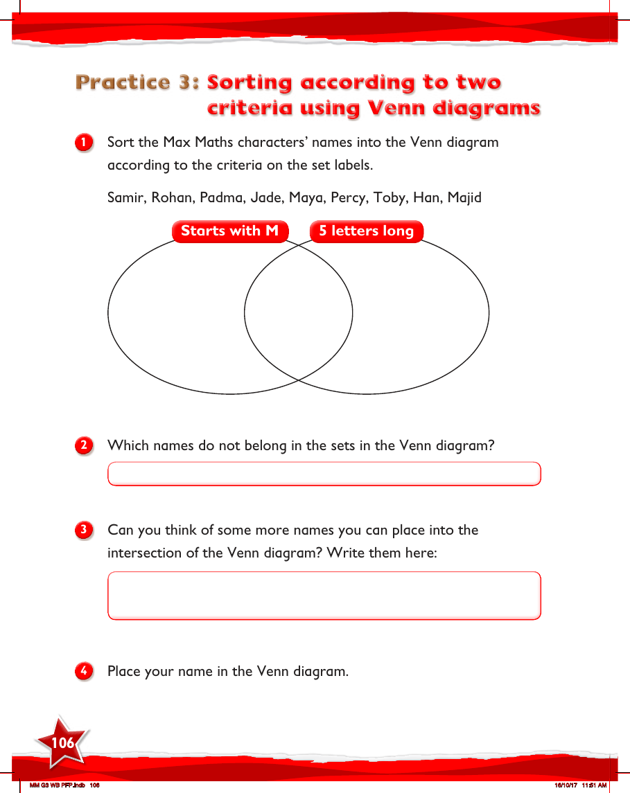 Max Maths, Year 3, Work Book, Sorting according to two criteria using Venn diagram