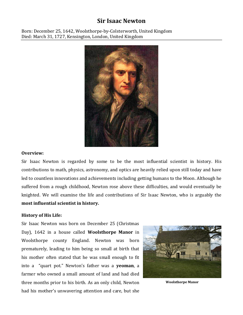 Isaac Newton - Reading with Comprehension Questions