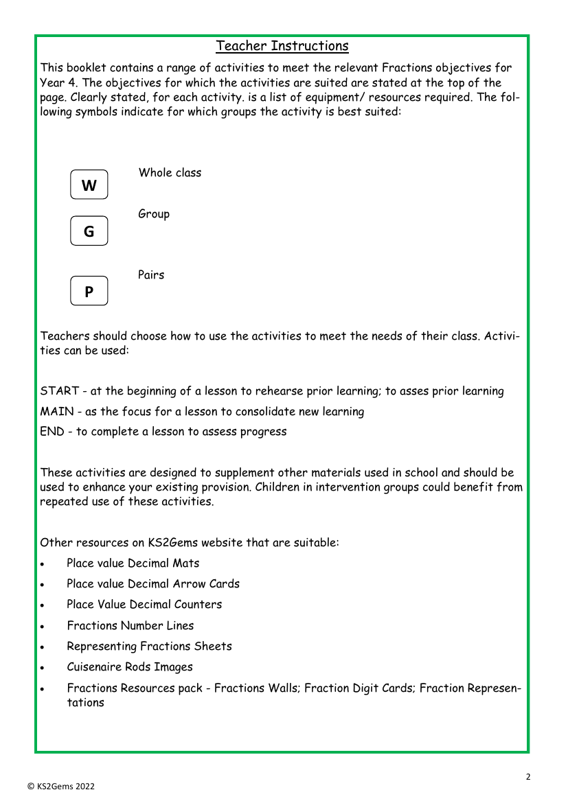 Fractions teacher instructions