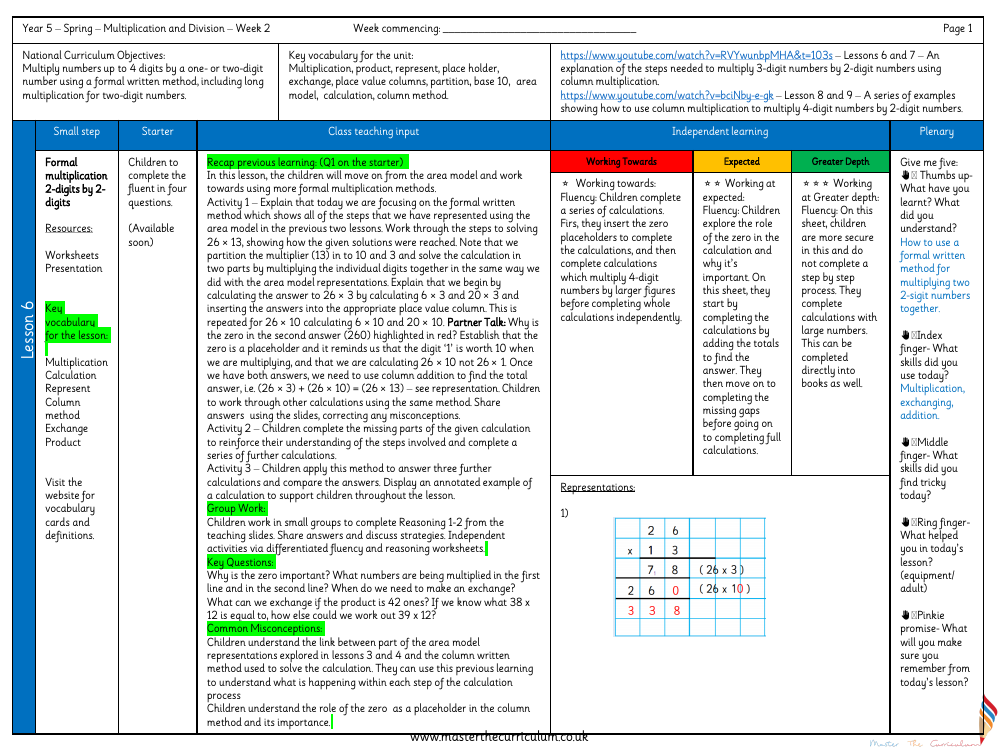 Multiplication and Division (2) - Formal multiplication 2-digits by 2-digits
 - Planning