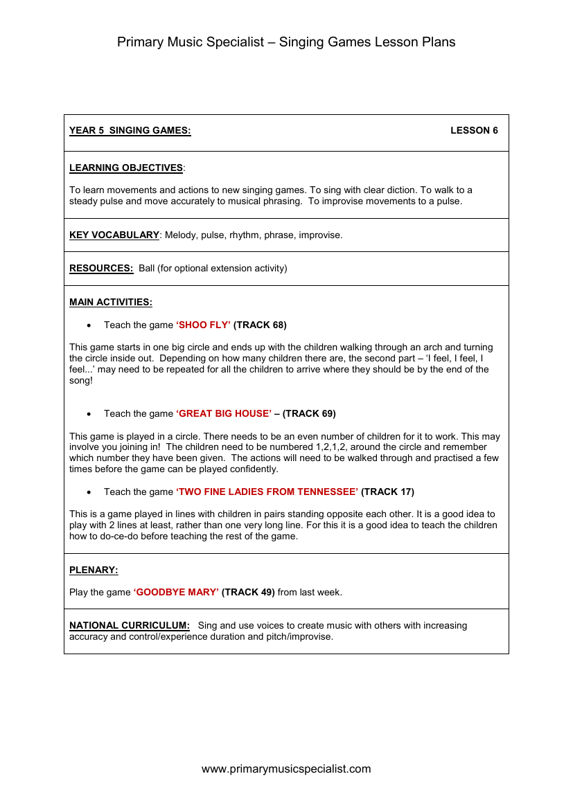 Singing Games Lesson Plan - Year 5 Lesson 6