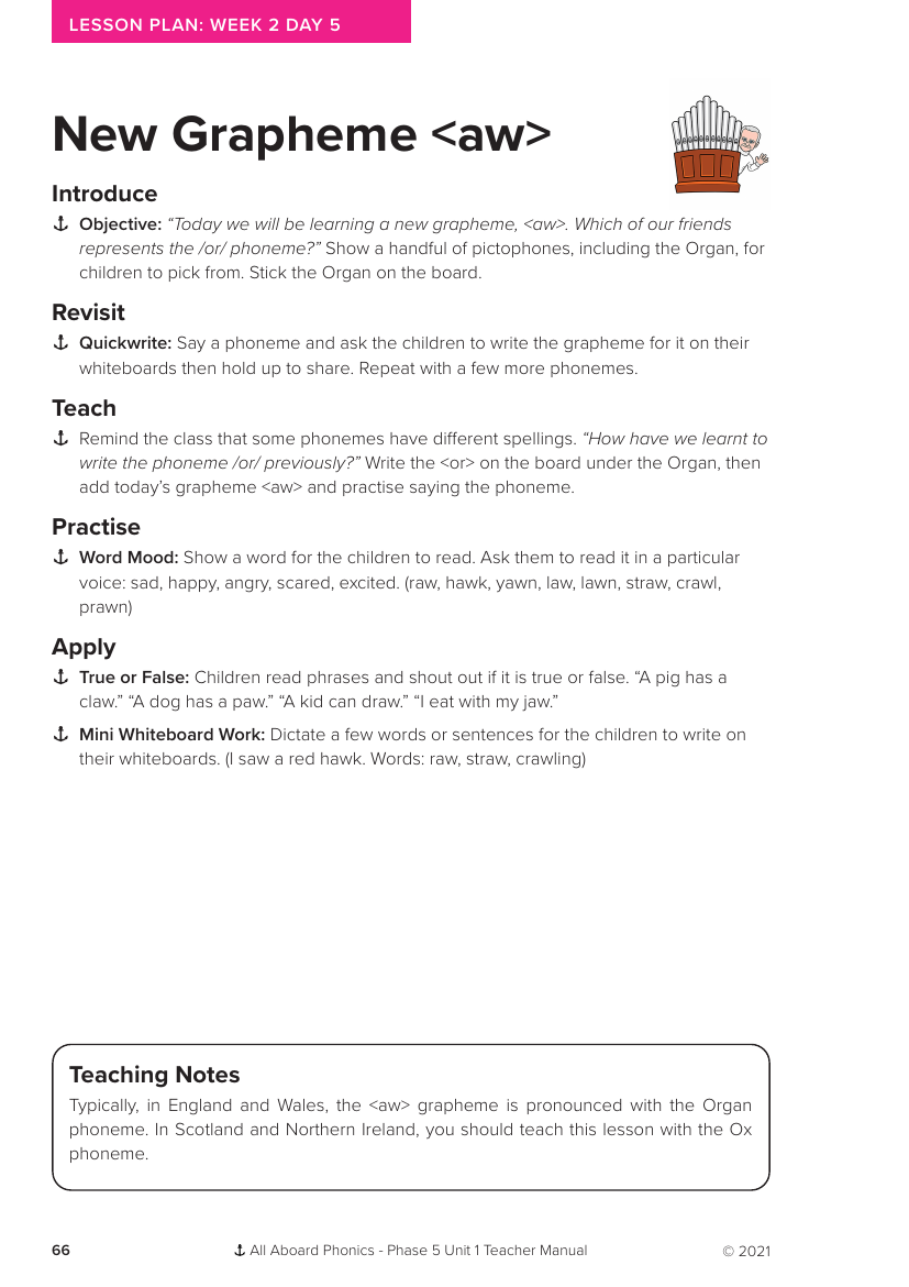 Week 2, lesson 5 New Grapheme "aw" - Phonics Phase 5, unit 1 - Lesson plan