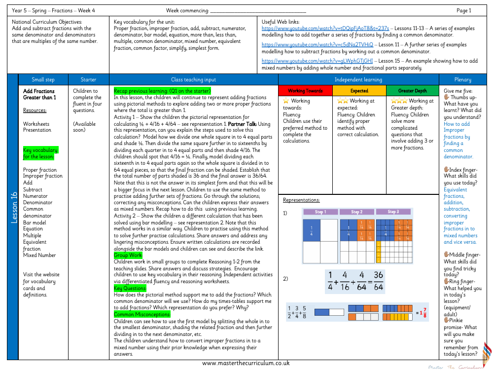 Fractions - Add Fractions Greater than 1 - Planning