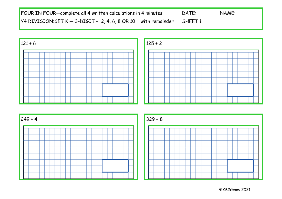 Four in Four -  Division Set K 3 digit number - 2, 4 6, 8 or 10 with remainder