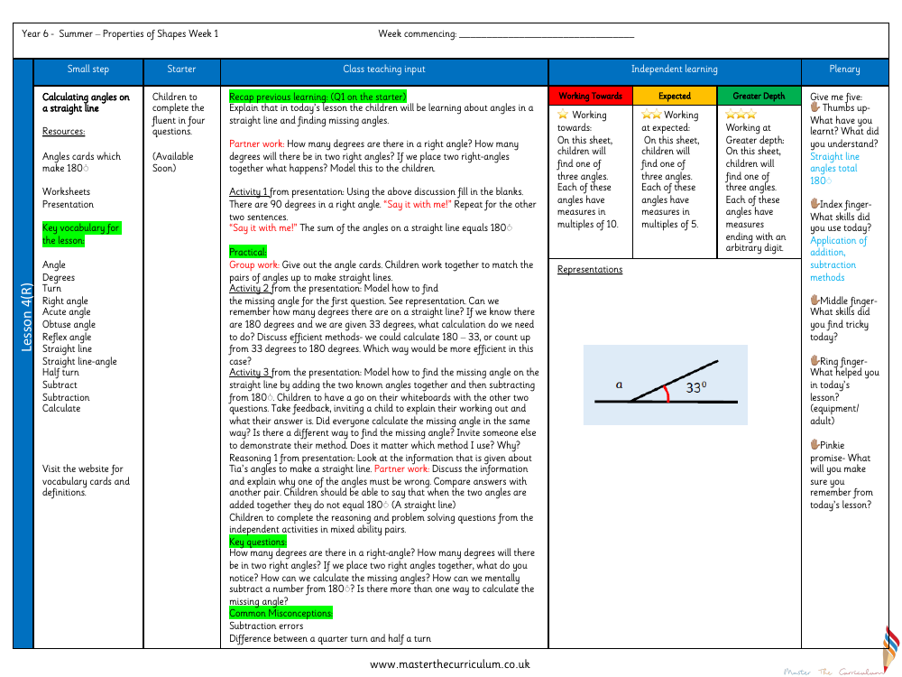 Properties of Shape - Angles on a Striaght - Planning