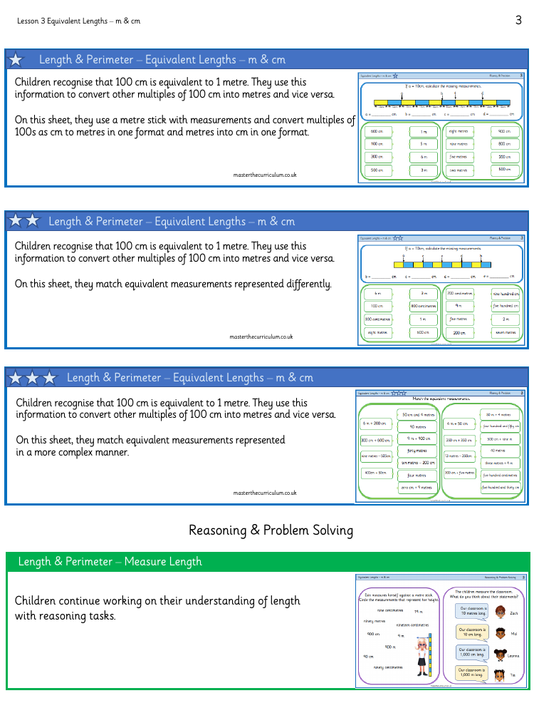 Length and Perimeter - Equivalent Lengths m and cm - Worksheet