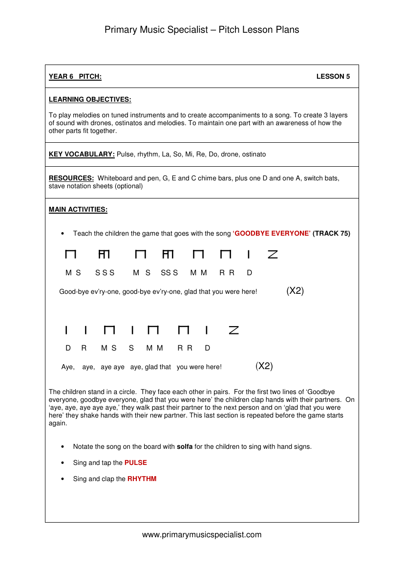 Pitch Lesson Plan - Year 6 Lesson 5