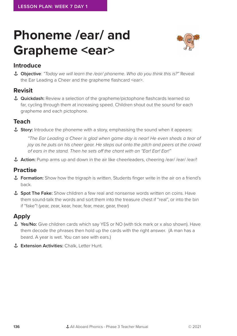 Week 7, lesson 1 Phoneme "ear and Grapheme "ear" -  Phonics Phase 3 - Lesson plan