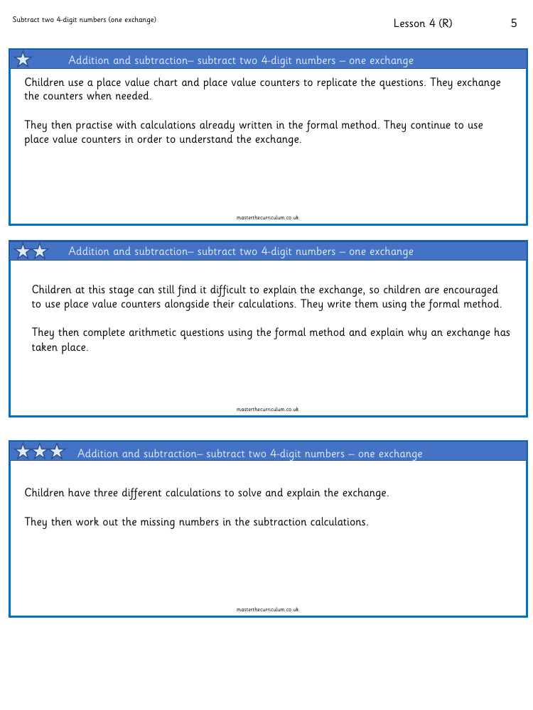 Addition and Subtraction - Subtract two 4-digit numbers (one exchange) - Worksheet