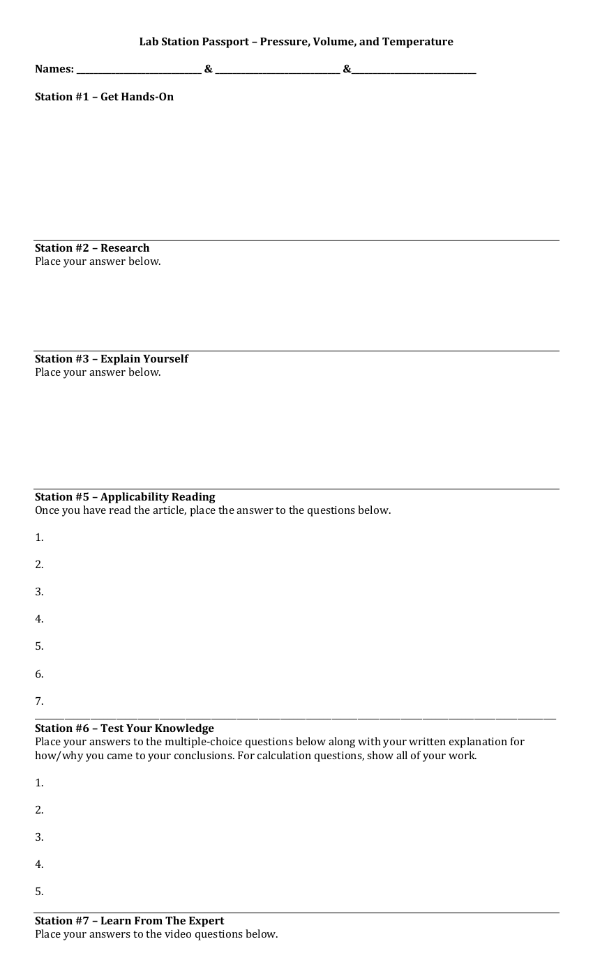 Pressure, Volume, and Temperature - Lab Station Passport