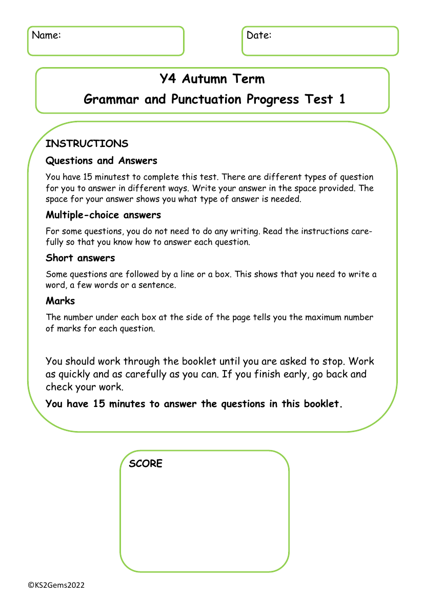 Autumn Term Grammar and Punctuation Progress Test 1