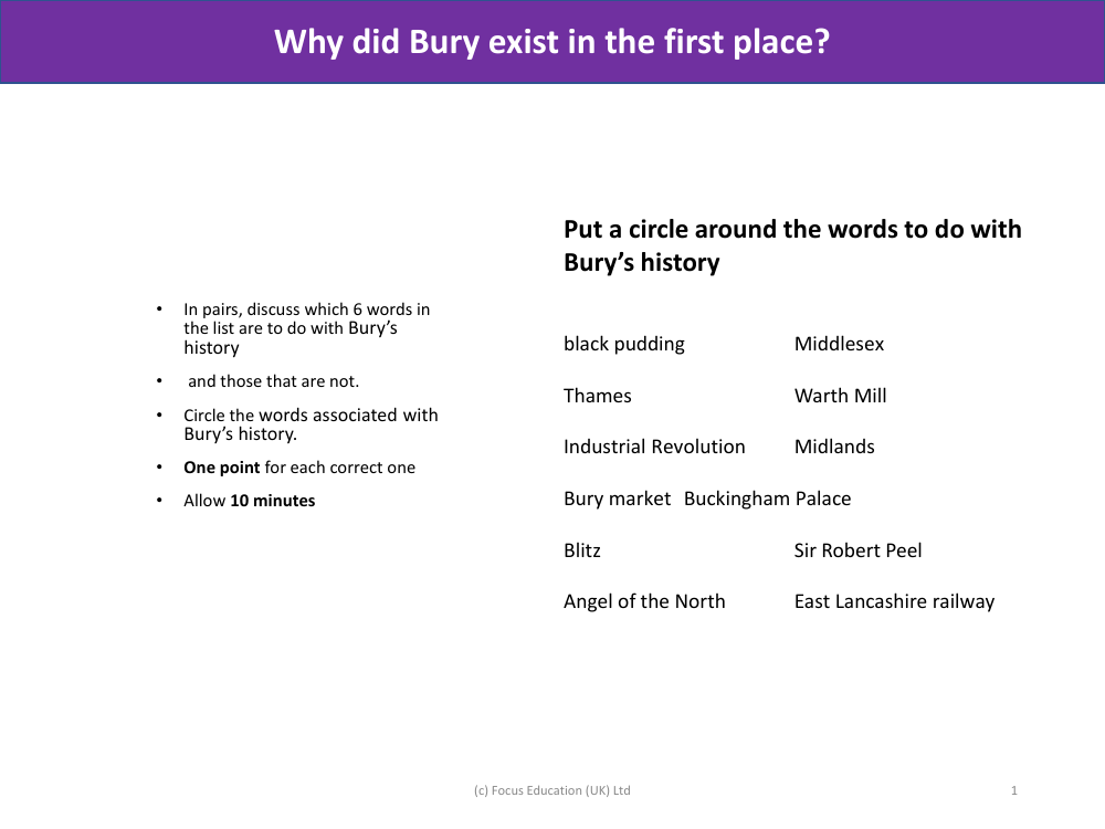 Put a circle around the words to do with Bury's History - History of Bury - Year 3