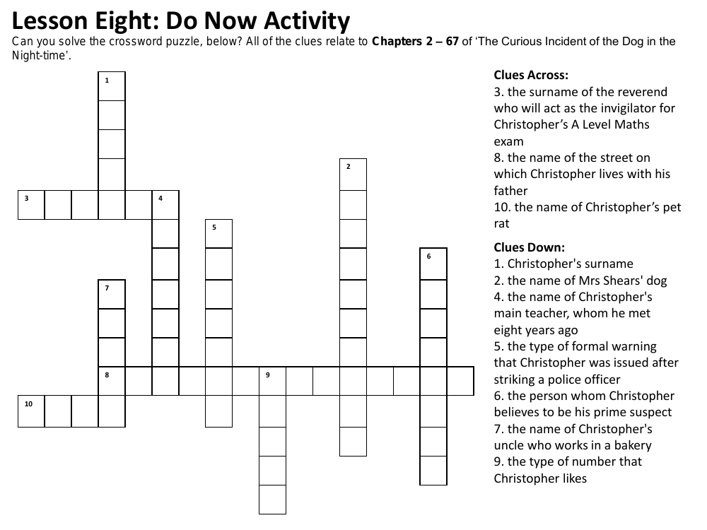 The Curious Incident of the Dog in the Night-time - Lesson 8 - Worksheet