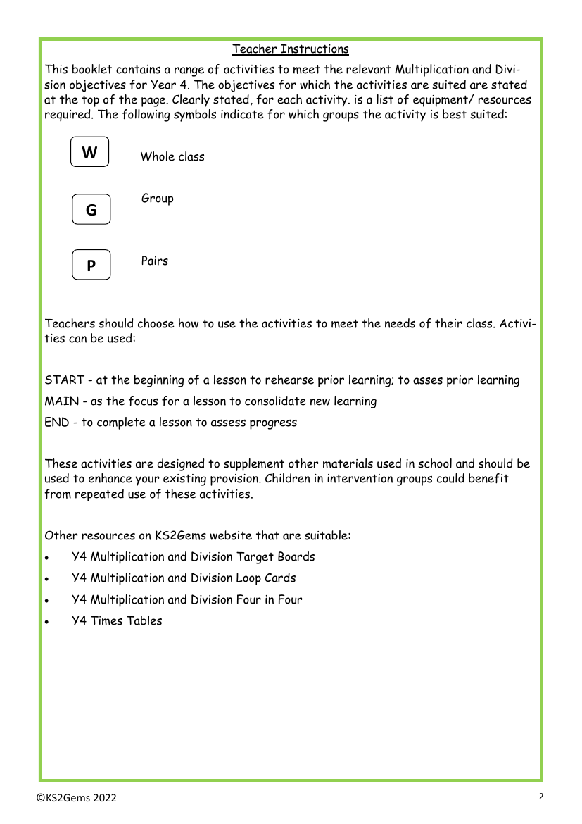 Multipication and Division Teacher Instructions