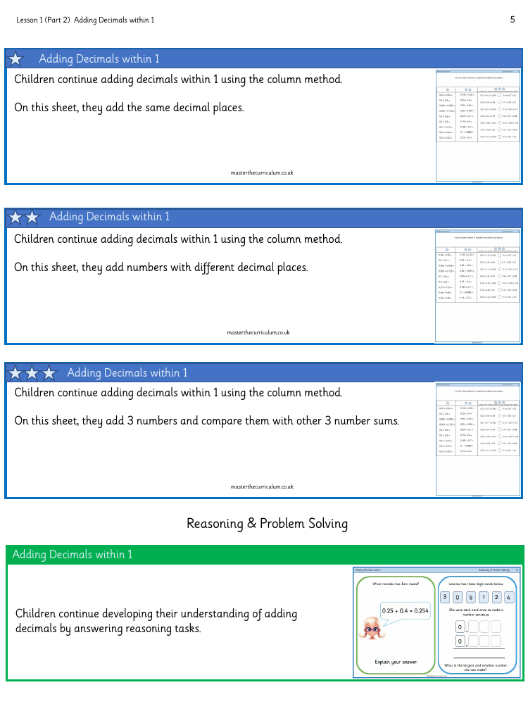 Decimals - Adding Decimals within 1 (2) - Worksheet