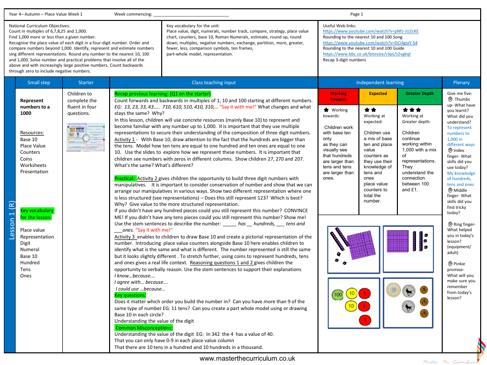 Place value - Represent numbers to a 1000 - Planning